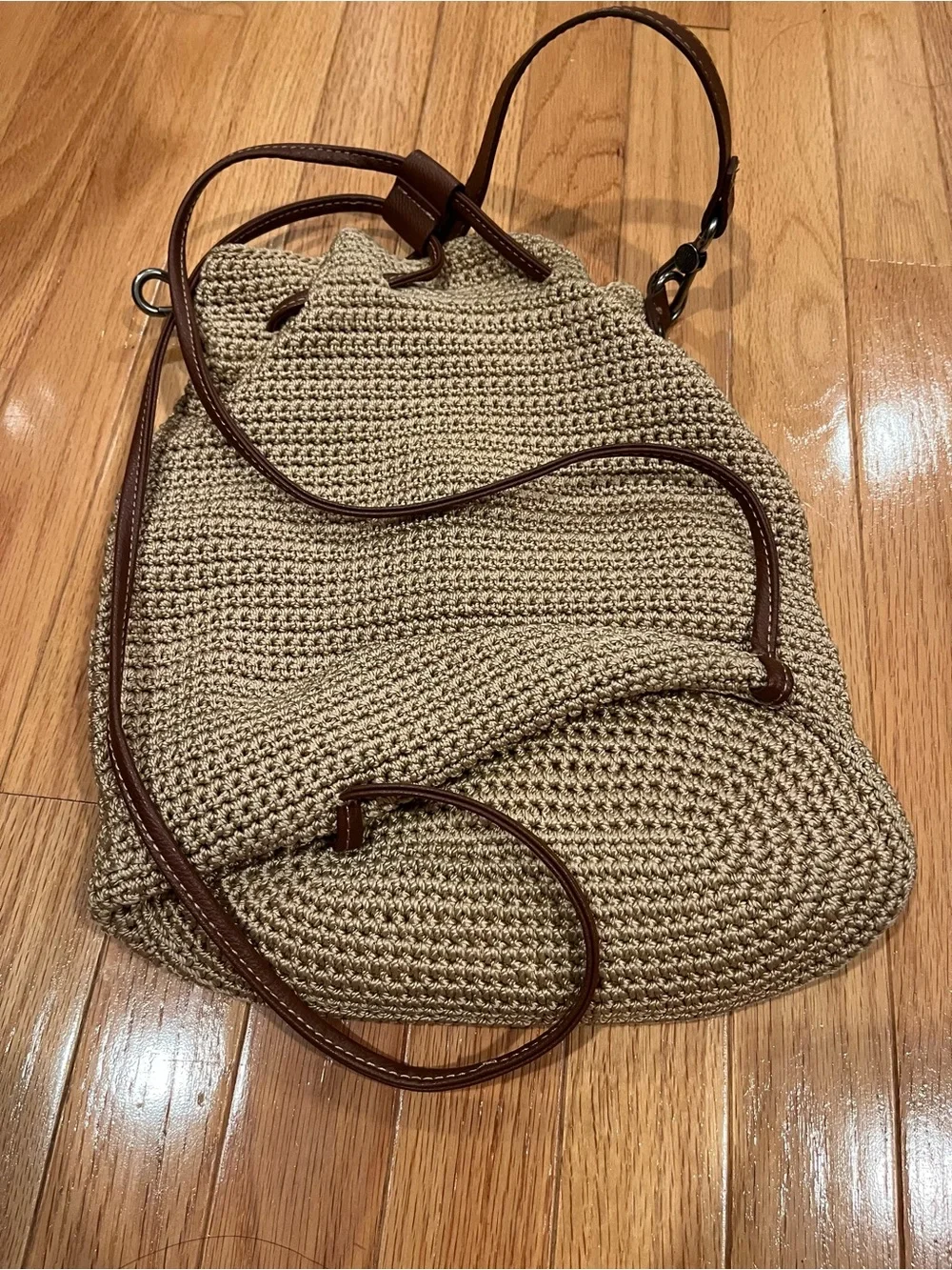 Sakroots Beige Crochet Bucket Bag with Floral Front Pocket Backpack and Purse